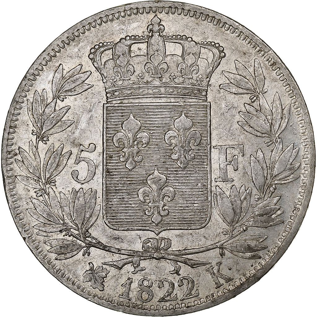 France, Louis XVIII, 5 Francs, 1822, Bordeaux, Silver, EF(40-45), Gadoury:614