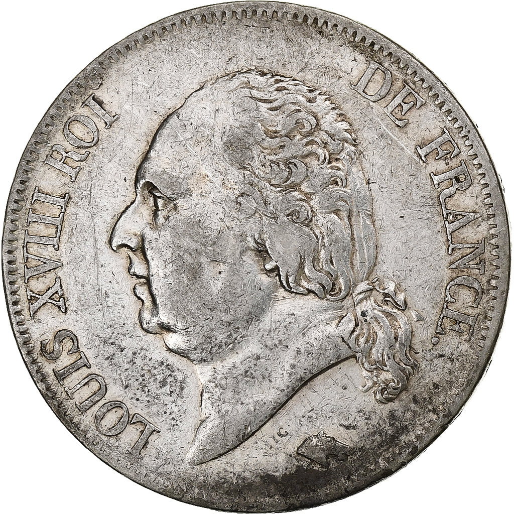 França, Louis XVIII, 5 Francs, 1823, Lyon, Prata, AU(50-53), Gadoury:614