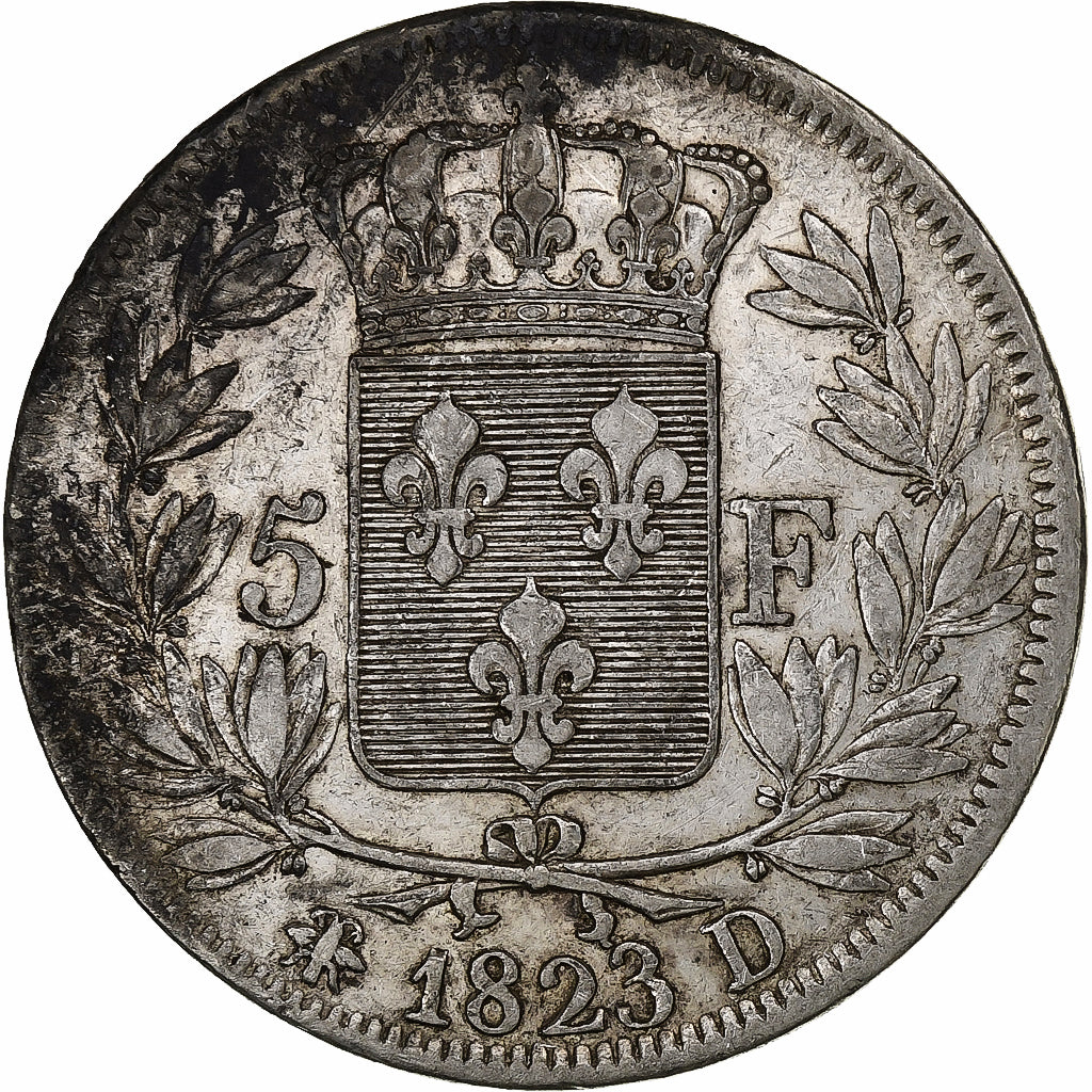 França, Louis XVIII, 5 Francs, 1823, Lyon, Prata, AU(50-53), Gadoury:614