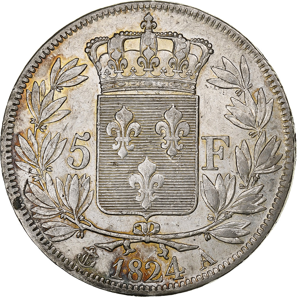 Frankrijk, Louis XVIII, 5 Francs, 1824, Paris, Zilver, ZF, Gadoury:614