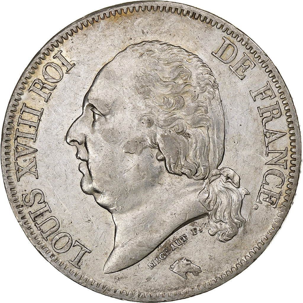 Francia, Louis XVIII, 5 Francs, 1824, Bordeaux, Plata, MBC+, Gadoury:614