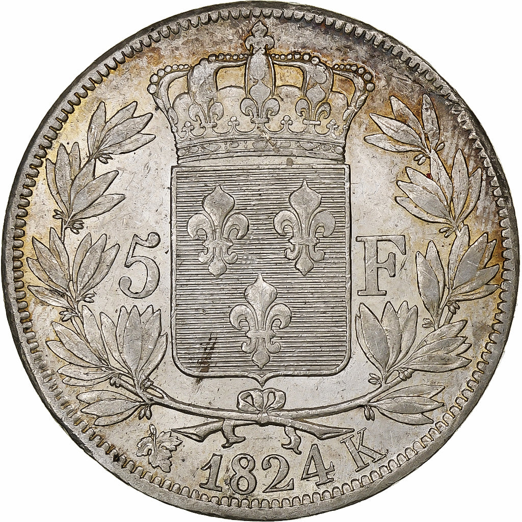 Francia, Louis XVIII, 5 Francs, 1824, Bordeaux, Plata, MBC+, Gadoury:614
