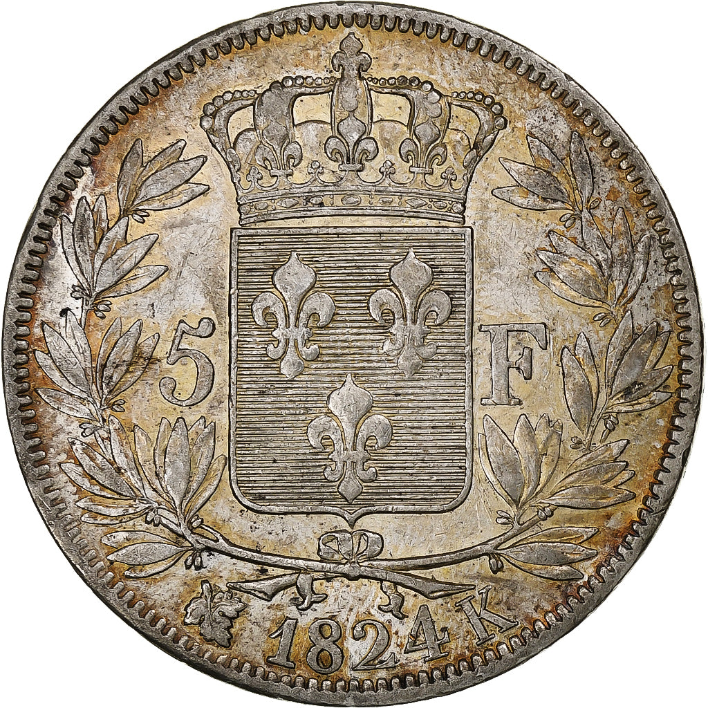Francia, Louis XVIII, 5 Francs, 1824, Bordeaux, Argento, BB+, Gadoury:614