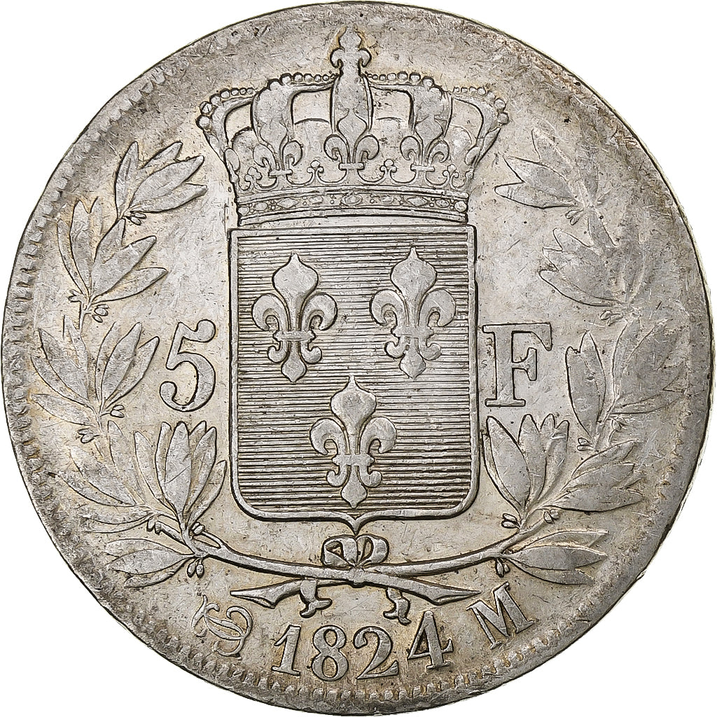 Francia, Louis XVIII, 5 Francs, 1824, Toulouse, Plata, MBC+, Gadoury:614