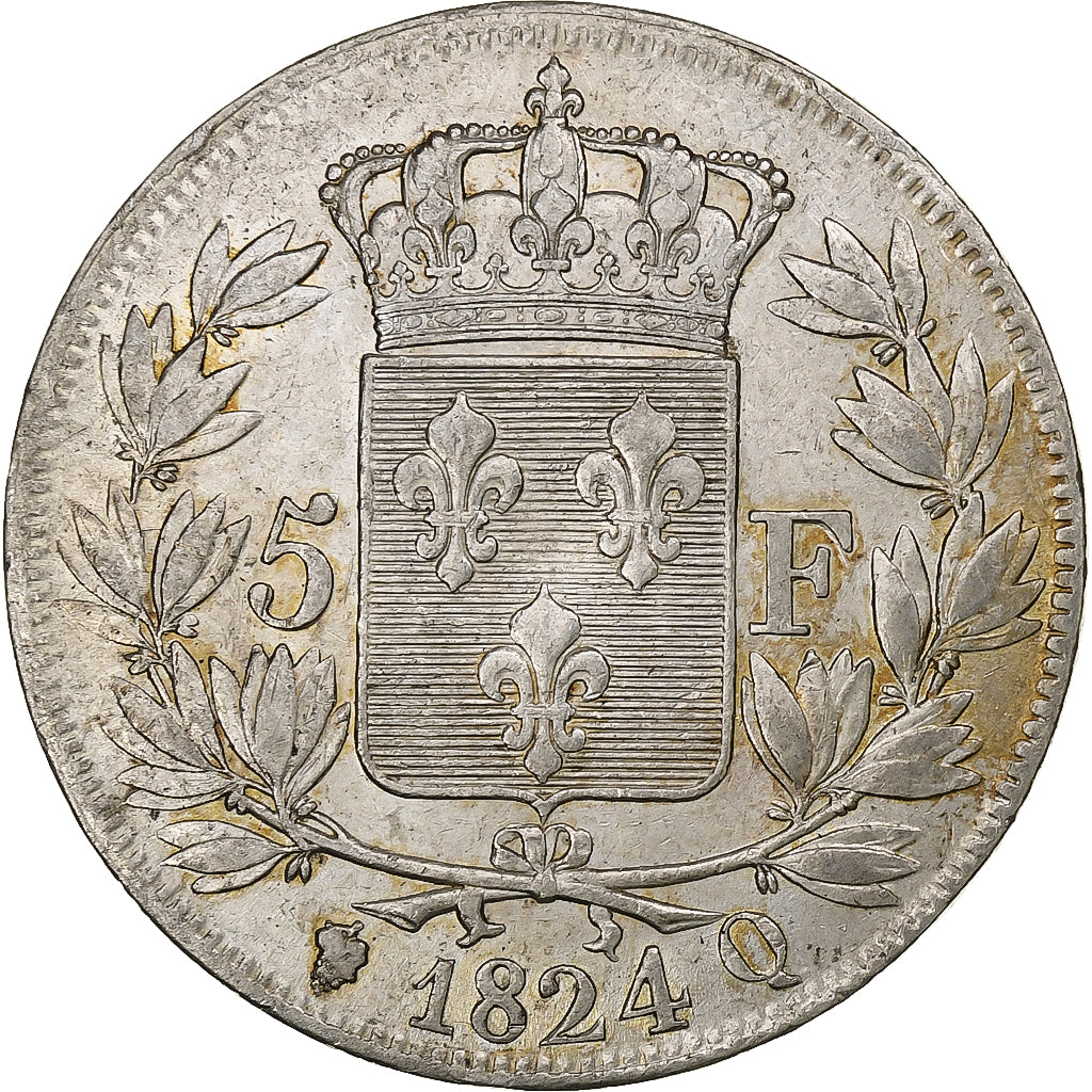 France, Louis XVIII, 5 Francs, 1824, Perpignan, Argent, TTB+, Gadoury:614