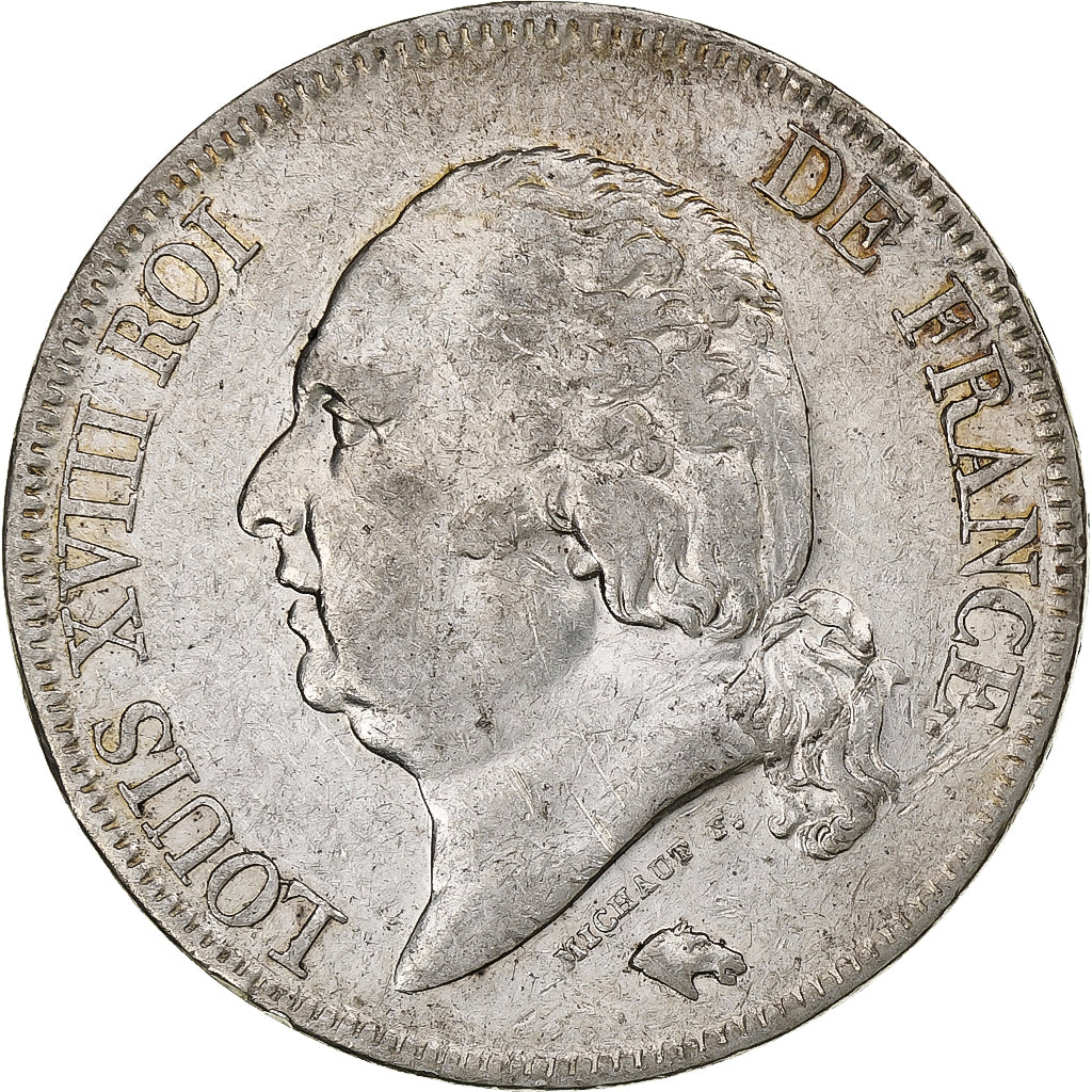 França, Louis XVIII, 5 Francs, 1824, Perpignan, Prata, AU(50-53), Gadoury:614