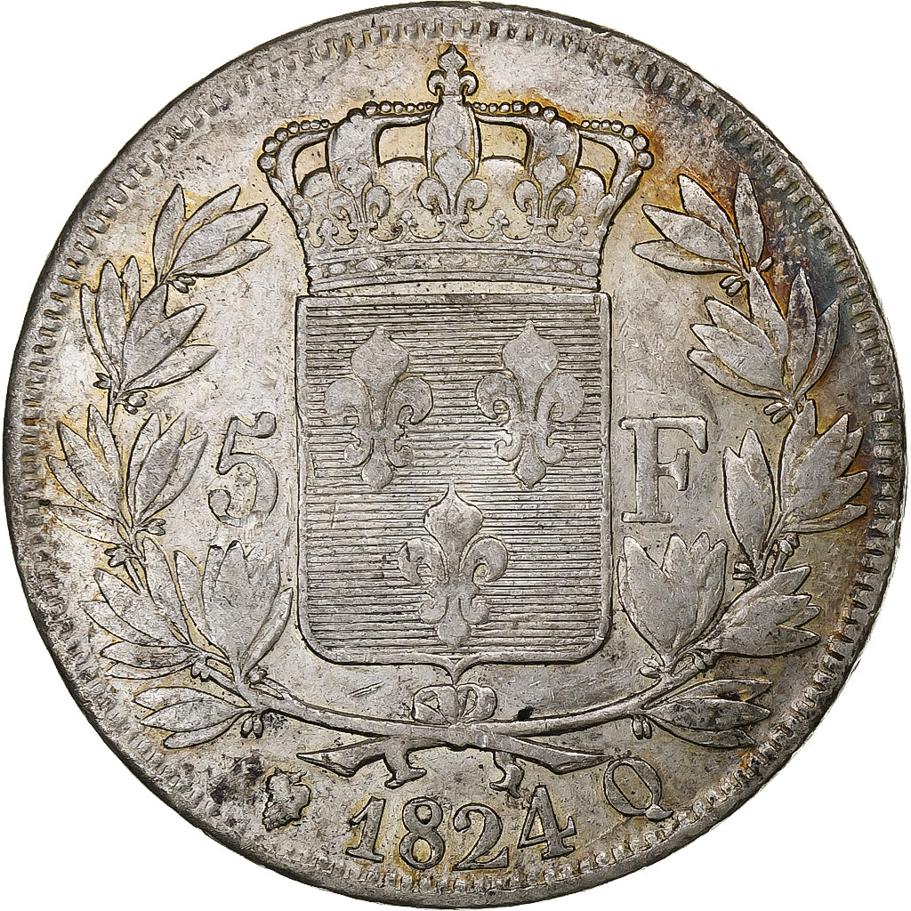 França, Louis XVIII, 5 Francs, 1824, Perpignan, Prata, AU(50-53), Gadoury:614