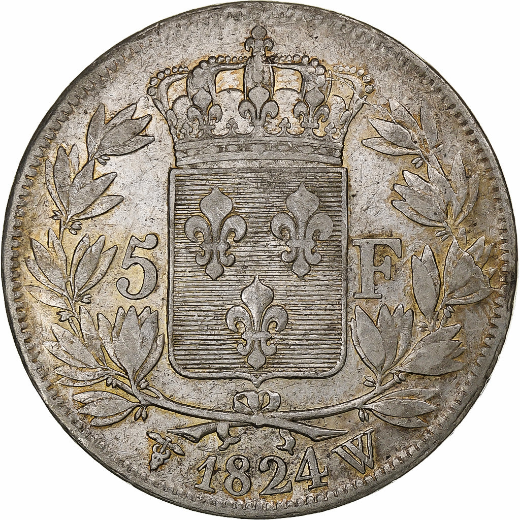 Francia, Louis XVIII, 5 Francs, 1824, Lille, Argento, BB+, Gadoury:614