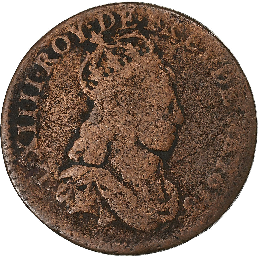 France, Louis XIV, Liard, 1656, Limoges, Copper, VF(30-35), Gadoury:80