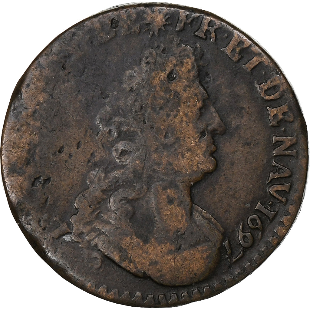 França, Louis XIV, Liard, 1697, Metz, Cobre, VF(20-25), Gadoury:81
