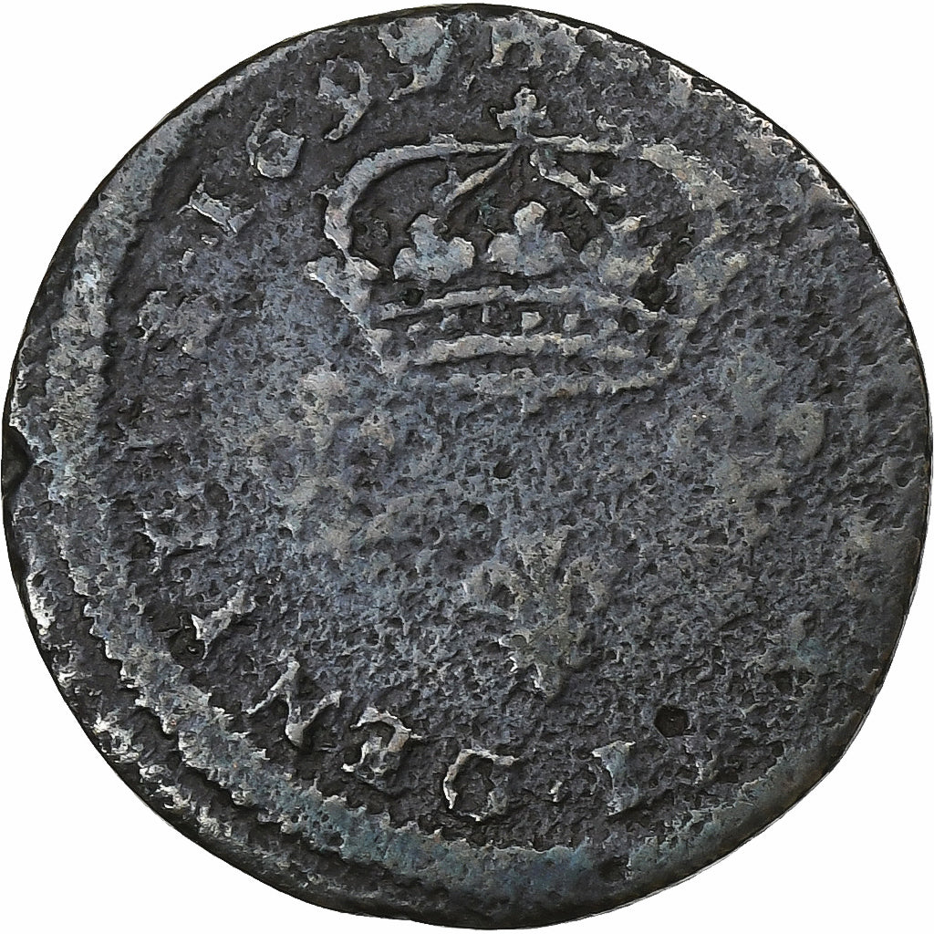 França, Louis XIV, 2 Deniers, 1699, Strasbourg, Cobre, F(12-15), Gadoury:72