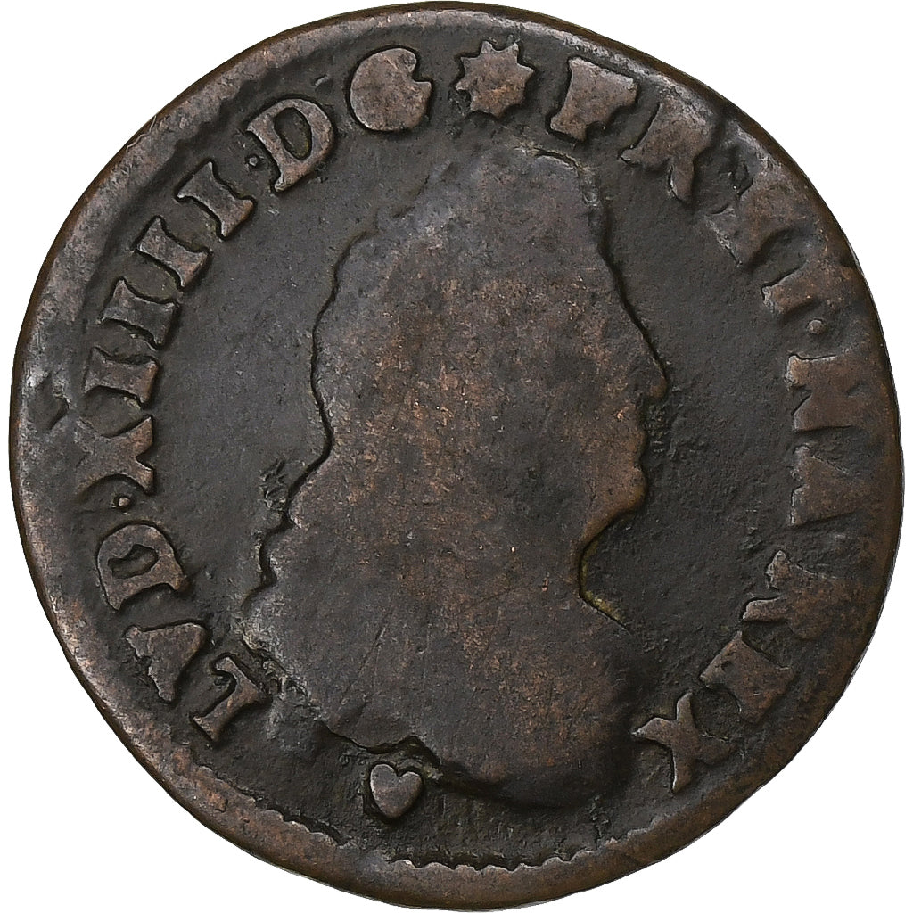 Frankreich, Louis XIV, 2 Deniers, 1708, Strasbourg, Kupfer, S, Gadoury:72