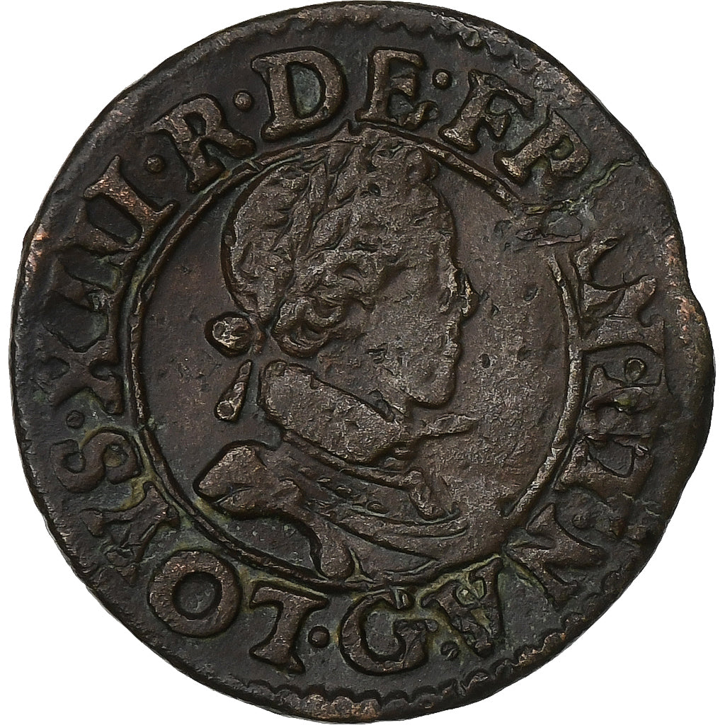 Francia, Louis XIII, Double Tournois, 1620, Poitiers, Cobre, BC+, Gadoury:5