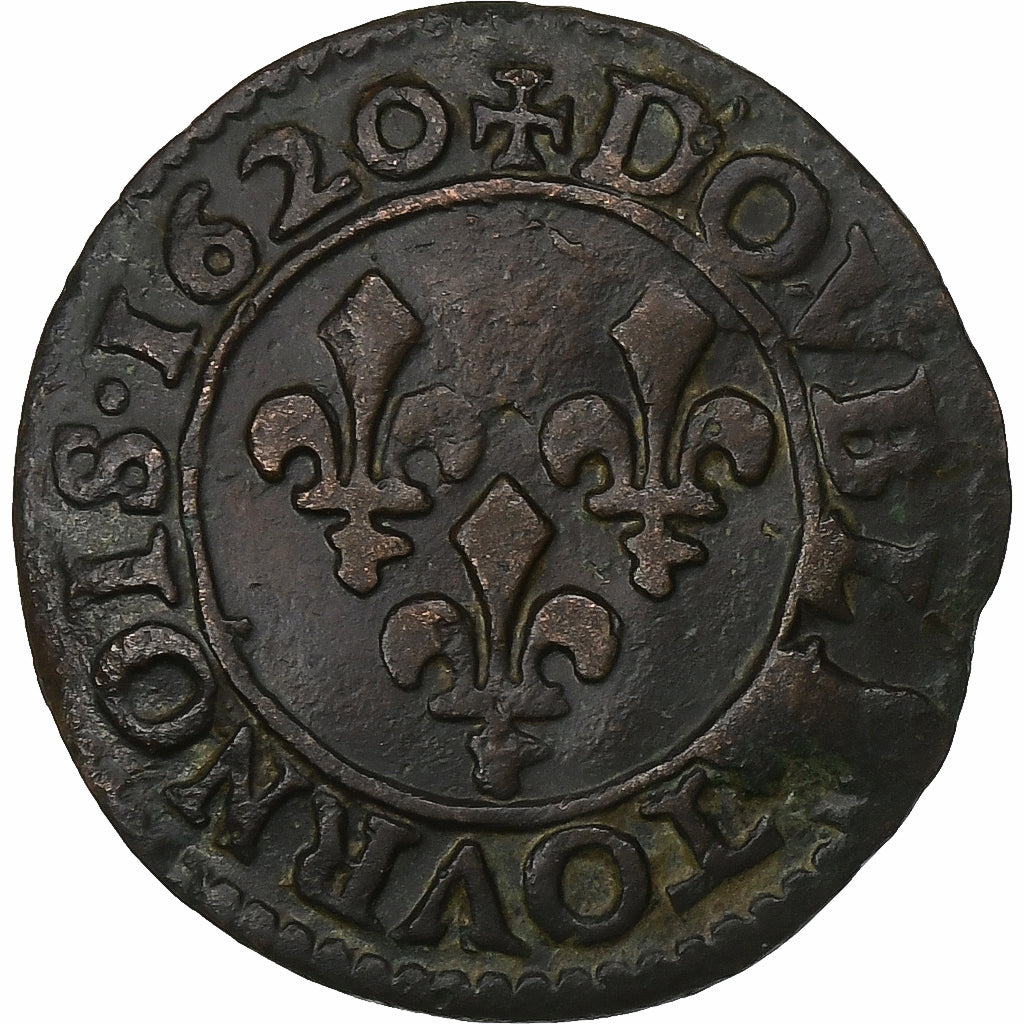 Francia, Louis XIII, Double Tournois, 1620, Poitiers, Cobre, BC+, Gadoury:5