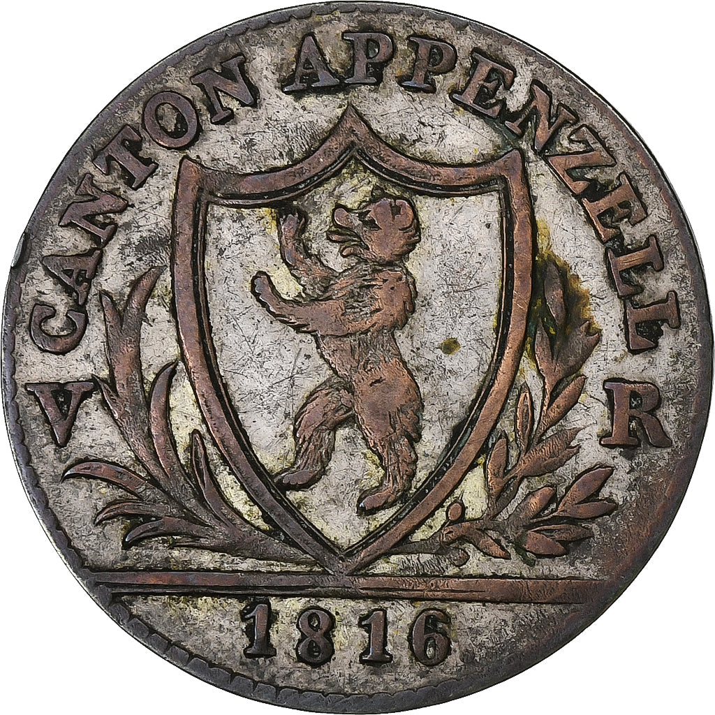 Swiss Cantons, Appenzell, 1 Batz, 1816, Bern, Billon, VF(20-25), KM:6