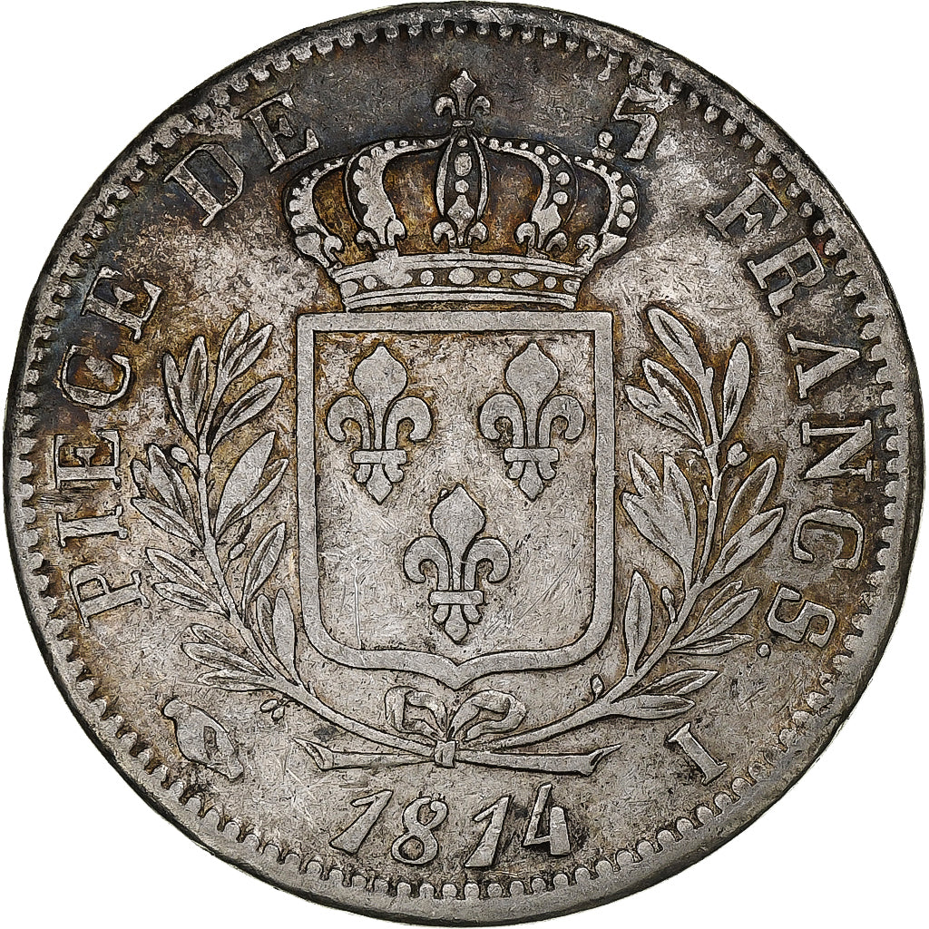 Francja, Louis XVIII, 5 Francs, 1814, Limoges, Srebro, EF(40-45), Gadoury:591
