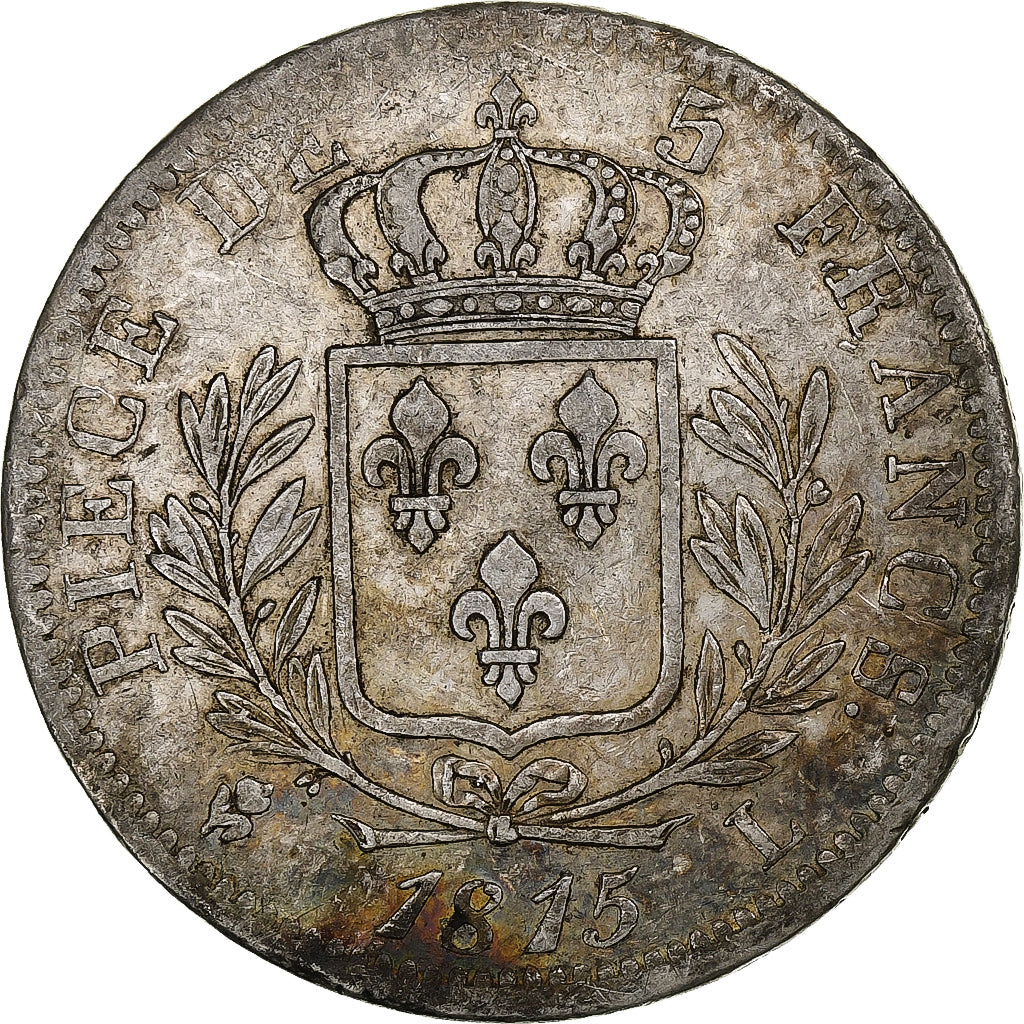 Francia, Louis XVIII, 5 Francs, 1815, Bayonne, Plata, BC+, Gadoury:591