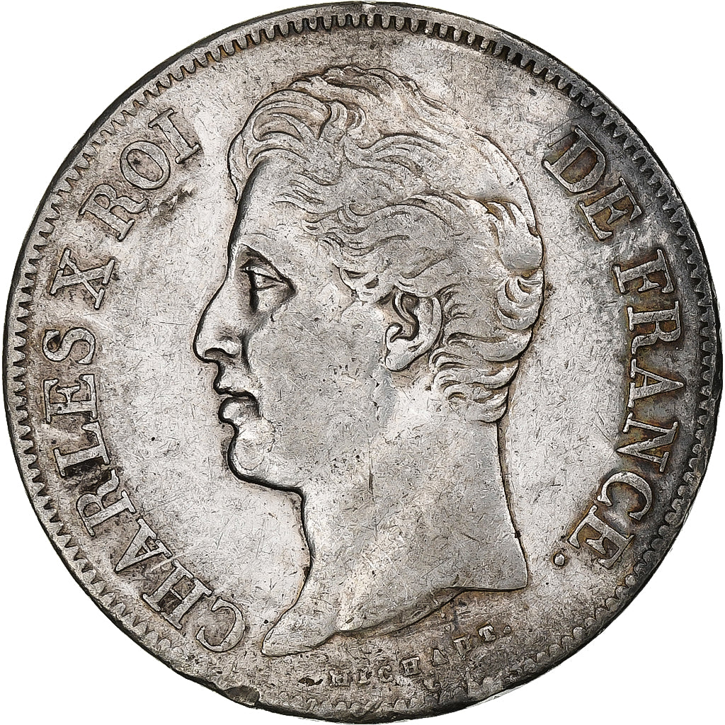 Francia, Charles X, 5 Francs, 1827, Bayonne, Plata, BC+, Gadoury:644