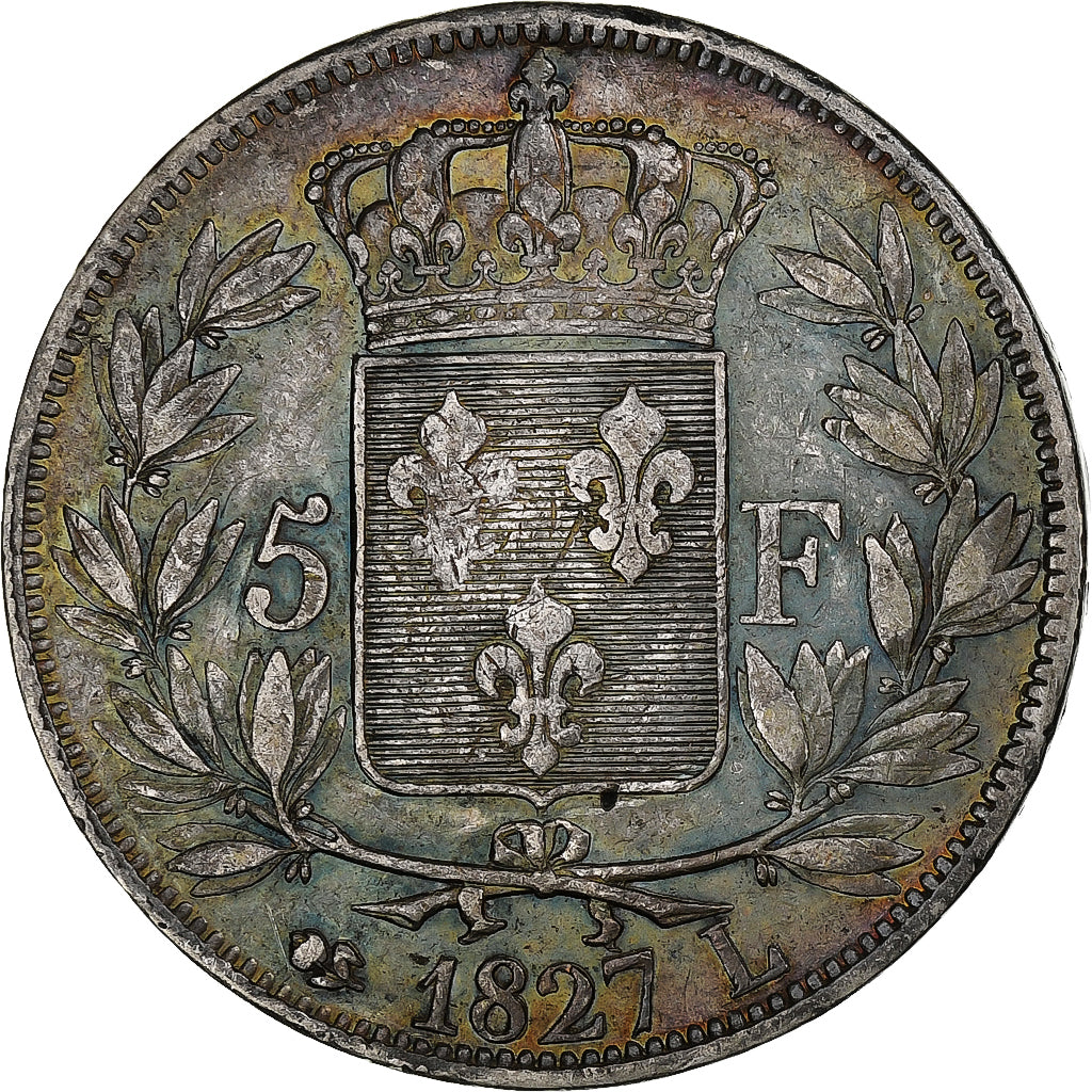 Francia, Charles X, 5 Francs, 1827, Bayonne, Plata, BC+, Gadoury:644