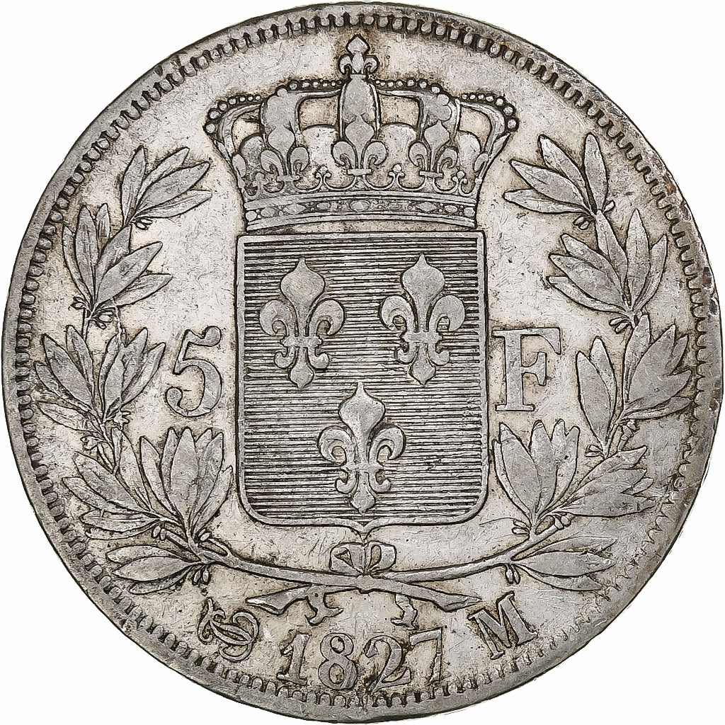 France, Charles X, 5 Francs, 1827, Toulouse, Silver, VF(30-35), Gadoury:644