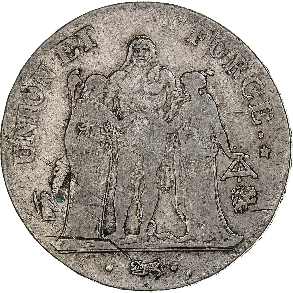 Francia, Directoire, 5 Francs, An 6/5, Bayonne, Plata, BC+, Gadoury:563