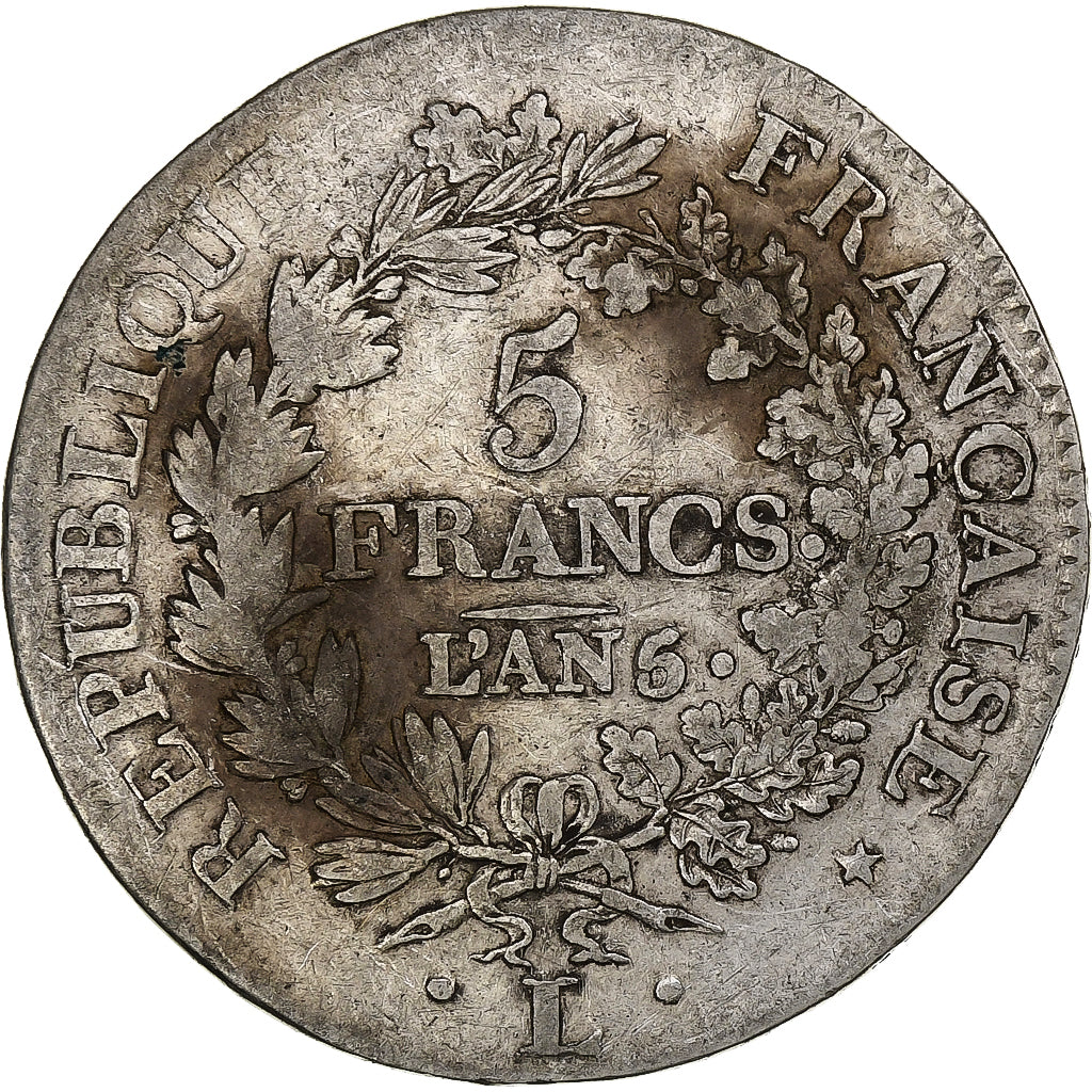 Francia, Directoire, 5 Francs, An 6/5, Bayonne, Plata, BC+, Gadoury:563