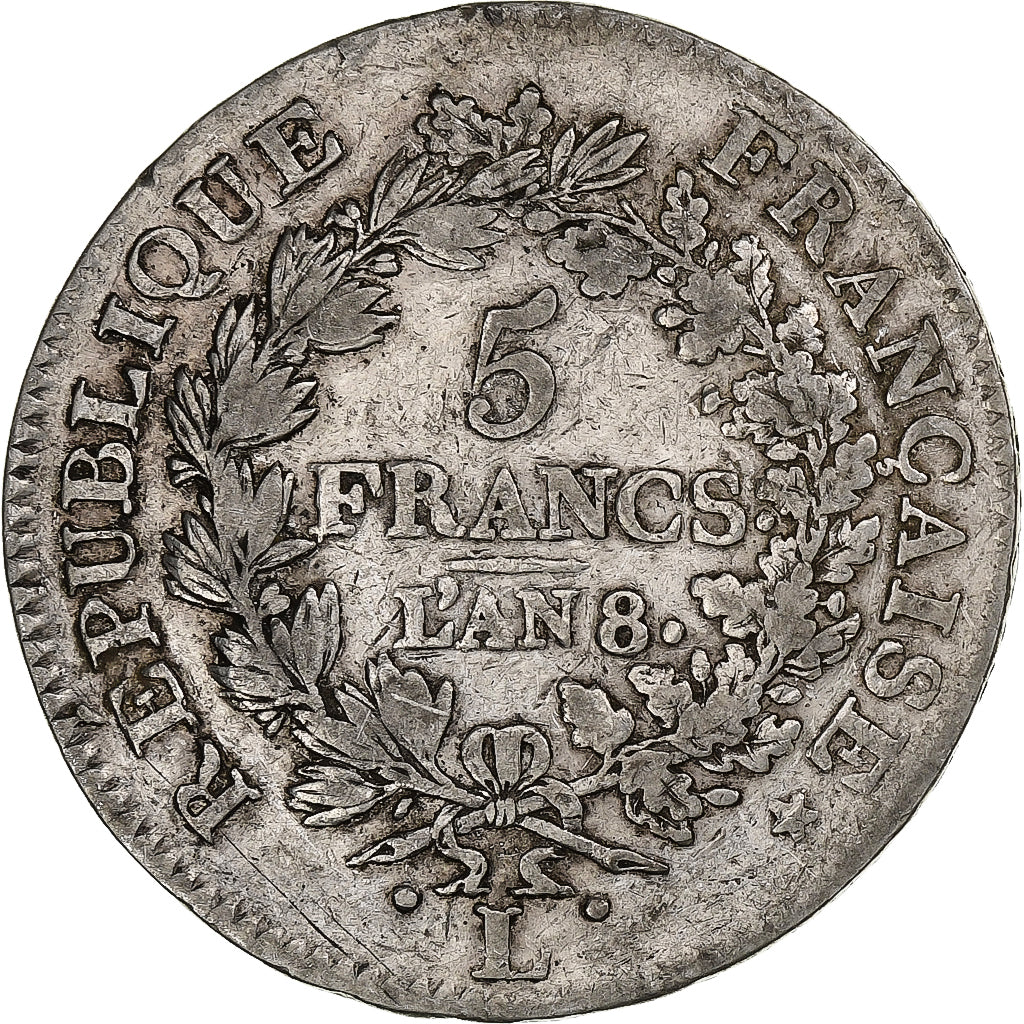 Francja, 5 Francs, AN 8, Bayonne, Srebro, VF(20-25), Gadoury:563a