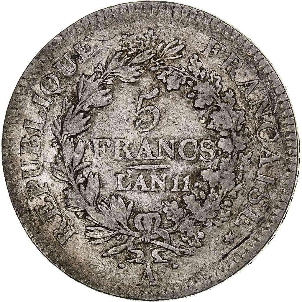Francia, 5 Francs, AN 11, Paris, Plata, BC+, Gadoury:563a