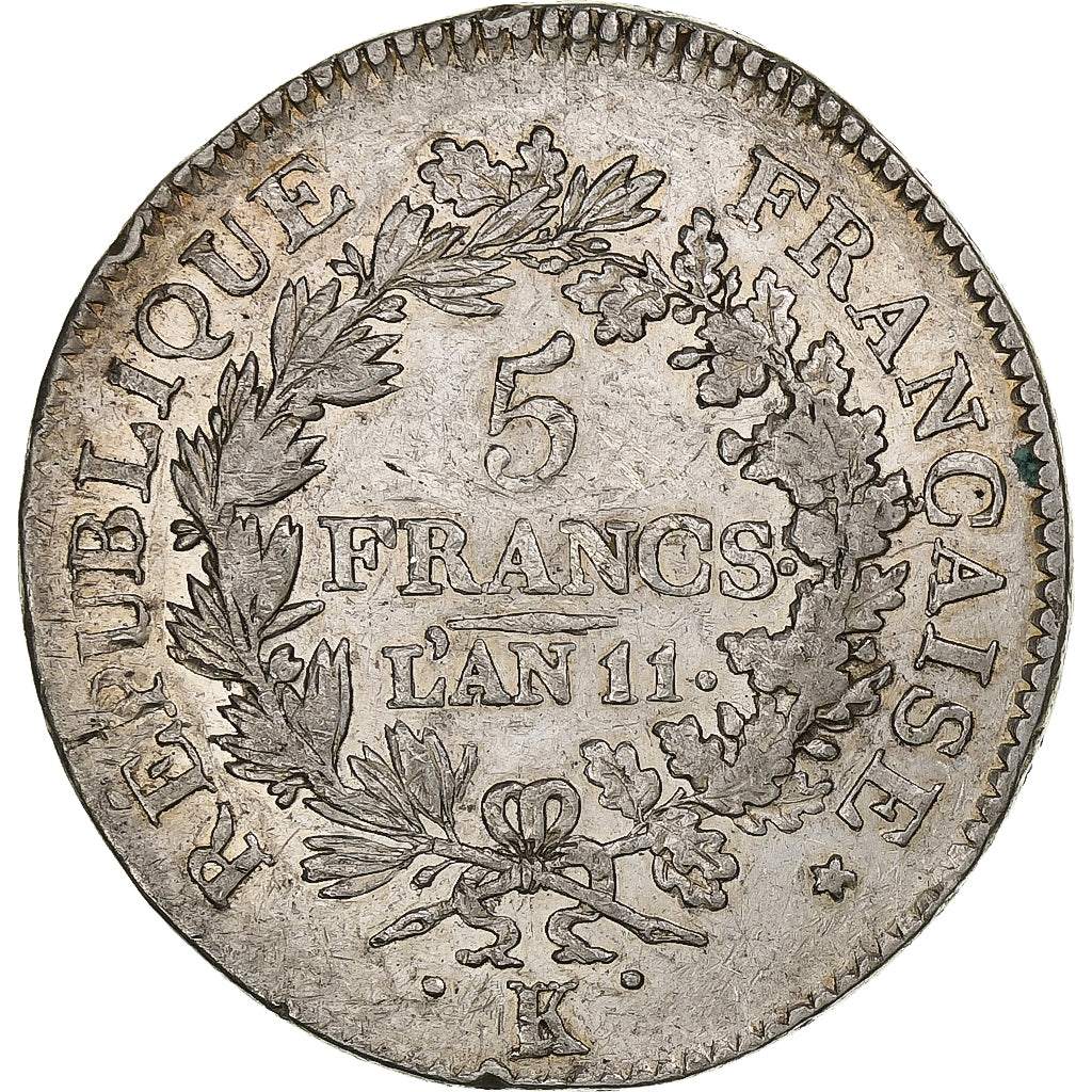 France, 5 Francs, AN 11, Bordeaux, Silver, VF(20-25), Gadoury:563a