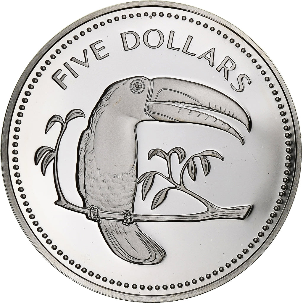 Belize, 5 Dollars, 1975, Franklin Mint, Proof, Srebro, MS(65-70), KM:44a