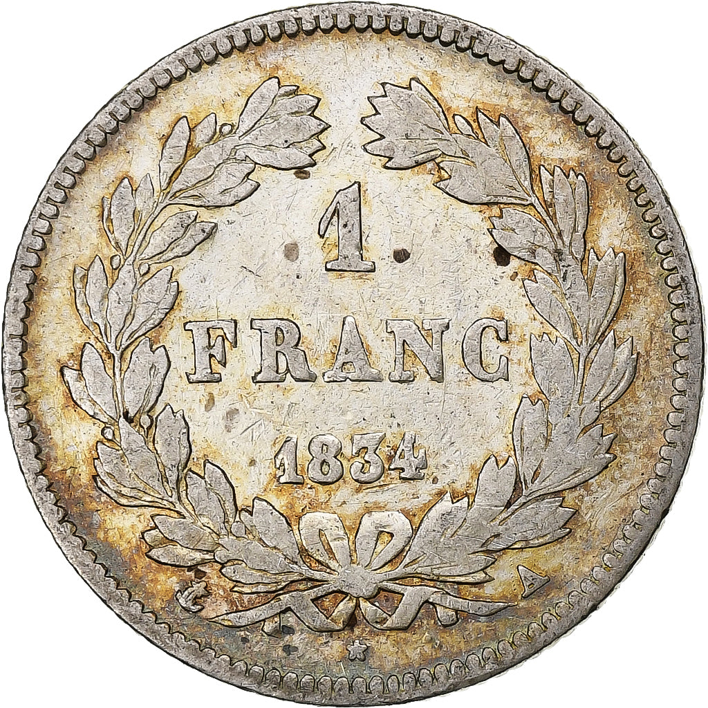 Francja, Louis-Philippe I, Franc, 1834, Paris, Srebro, VF(20-25), Gadoury:453