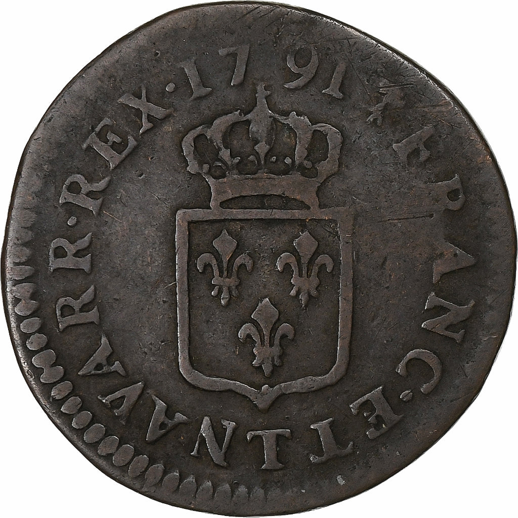 Francja, Louis XVI, Liard, 1791, Nantes, Miedź, VF(20-25), Gadoury:348