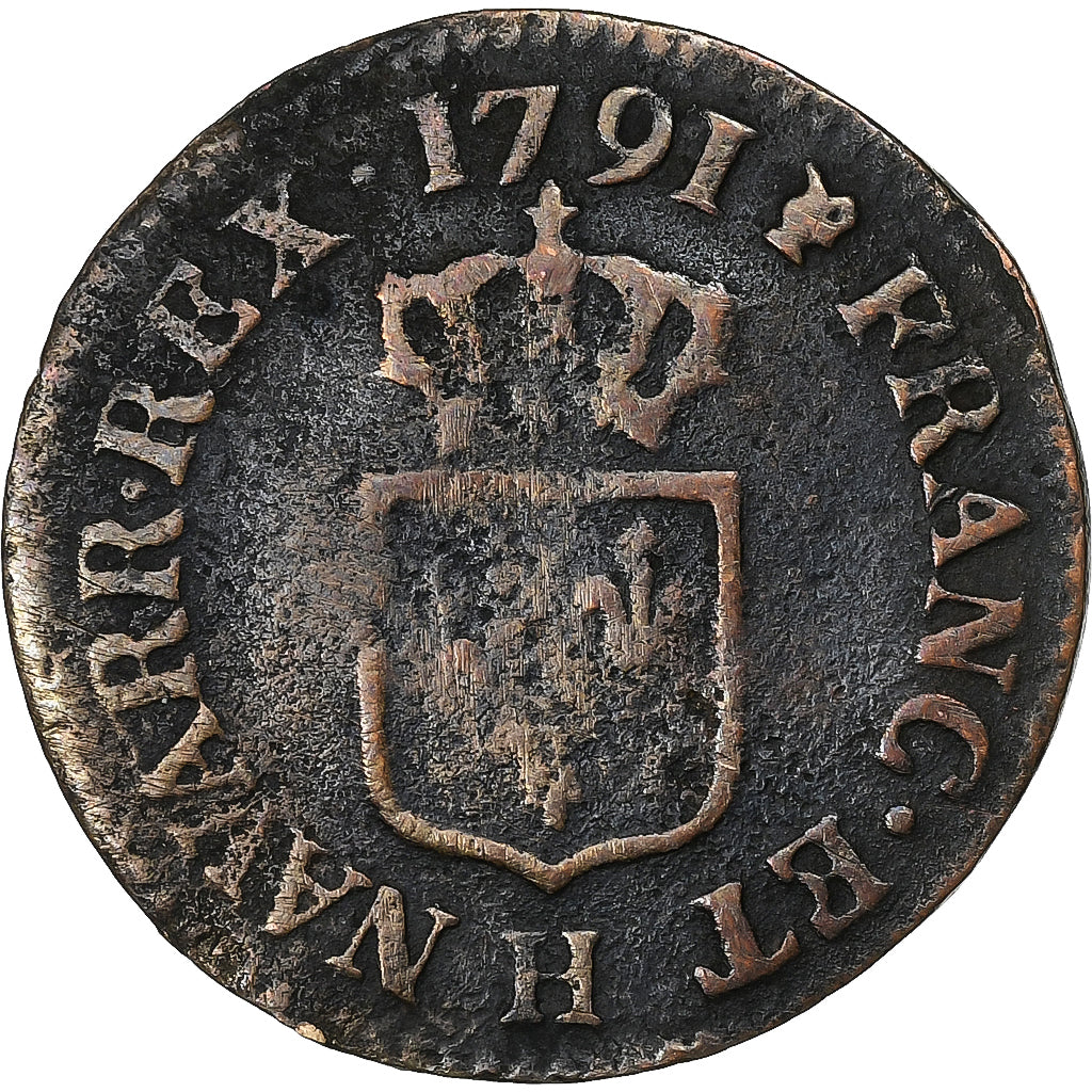 France, Louis XVI, Liard, 1791, La Rochelle, Cuivre, TB, Gadoury:348
