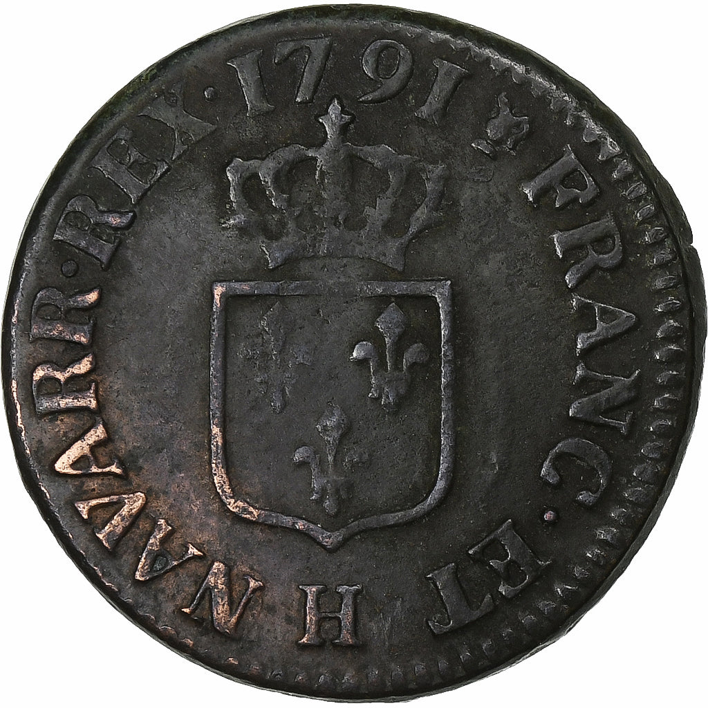 France, Louis XVI, Liard, 1791, La Rochelle, Cuivre, TB+, Gadoury:348