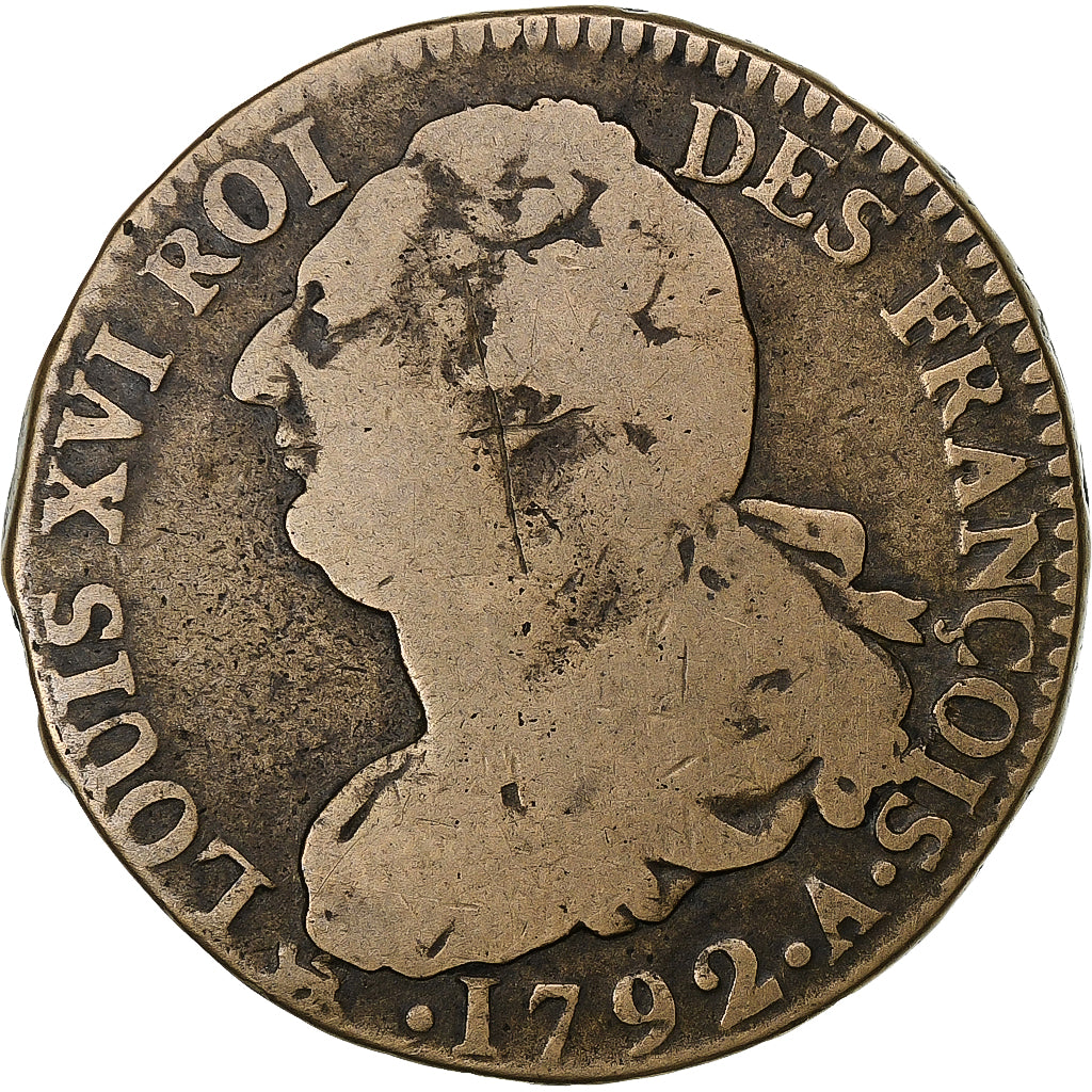 France, Louis XVI, 2 sols François, 1792 / AN 4, Paris, Copper, VF(20-25)