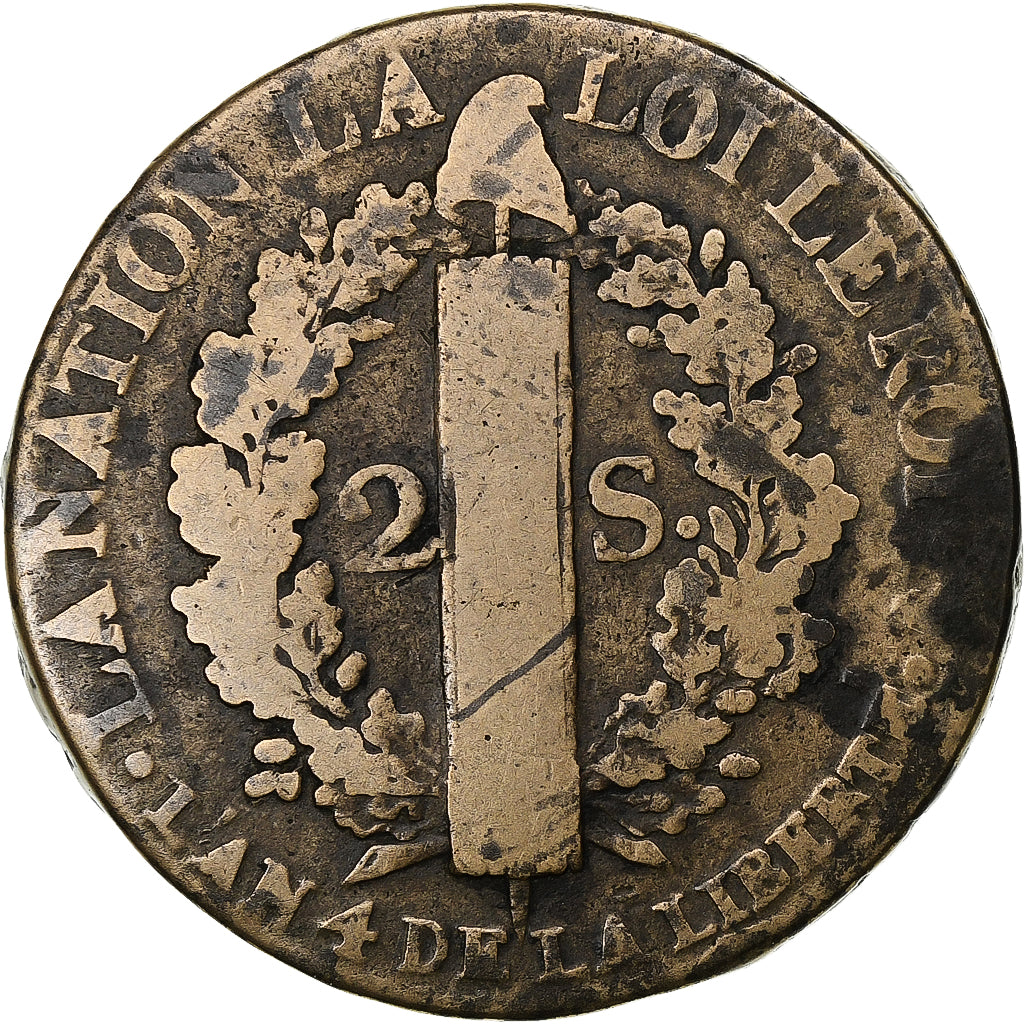 France, Louis XVI, 2 sols François, 1792 / AN 4, Paris, Copper, VF(20-25)