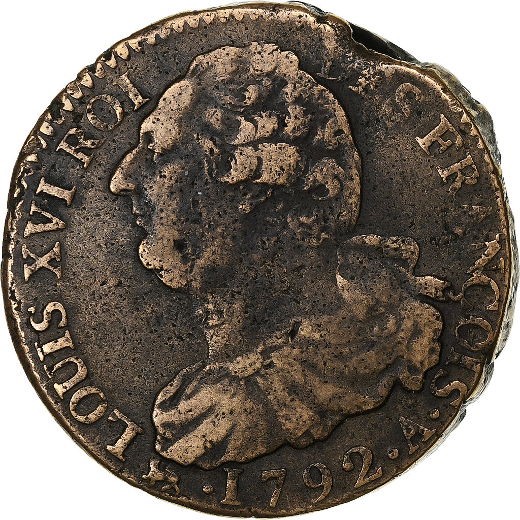 Francia, Louis XVI, 2 sols François, 1792 / AN 4, Paris, Métal de cloche, BC+