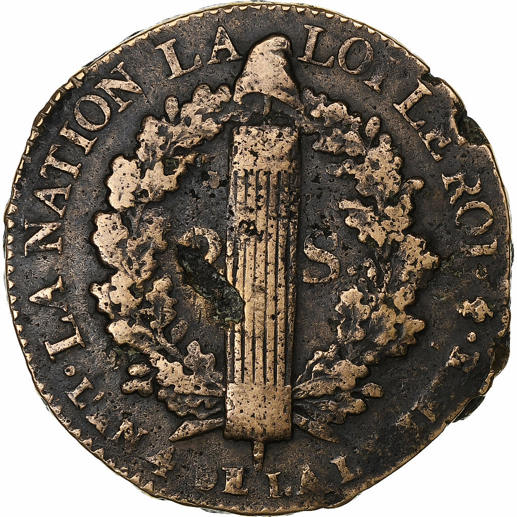 Francia, Louis XVI, 2 sols François, 1792 / AN 4, Paris, Métal de cloche, BC+