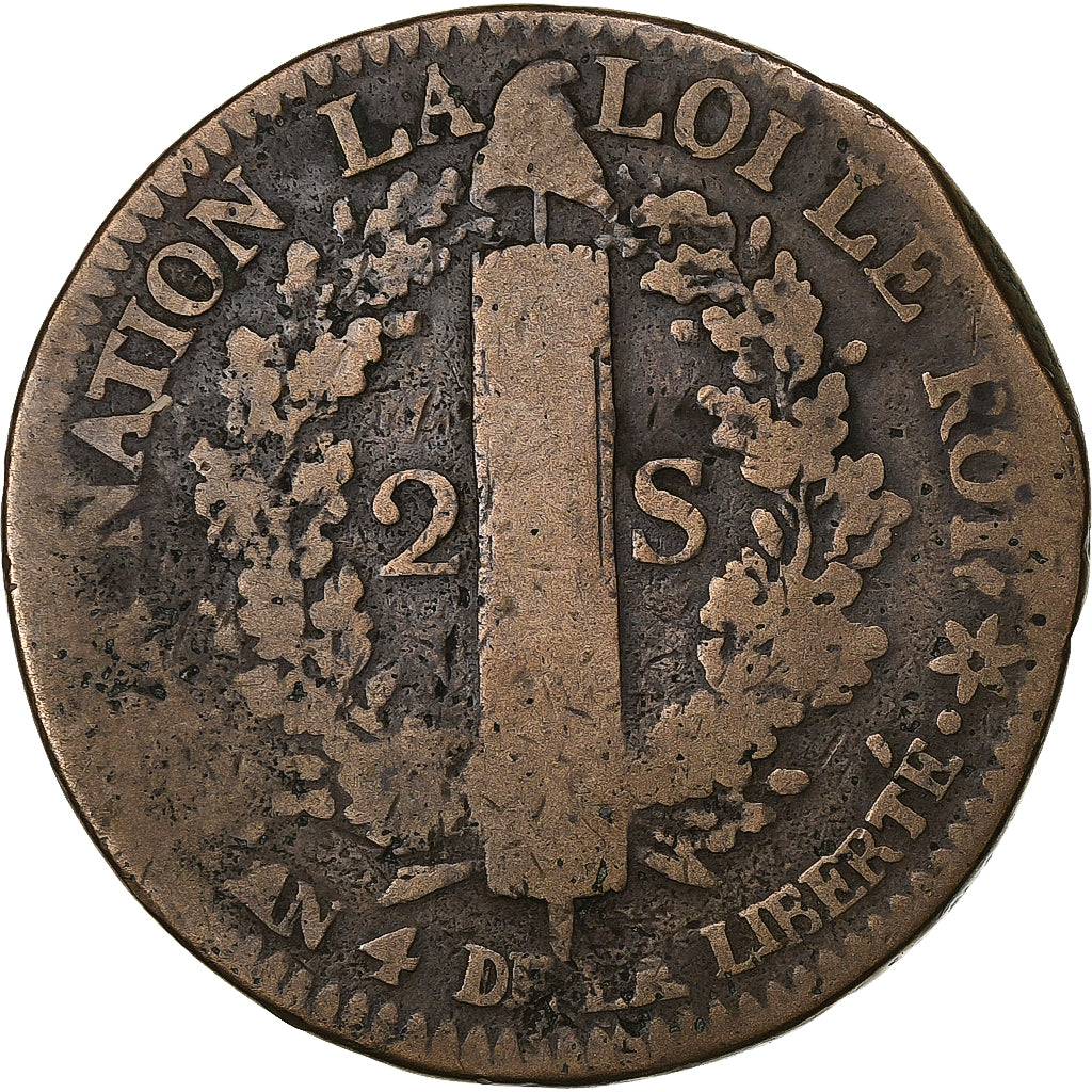 Frankreich, Louis XVI, 2 sols Français, 1792 / AN 4, Strasbourg, Métal de