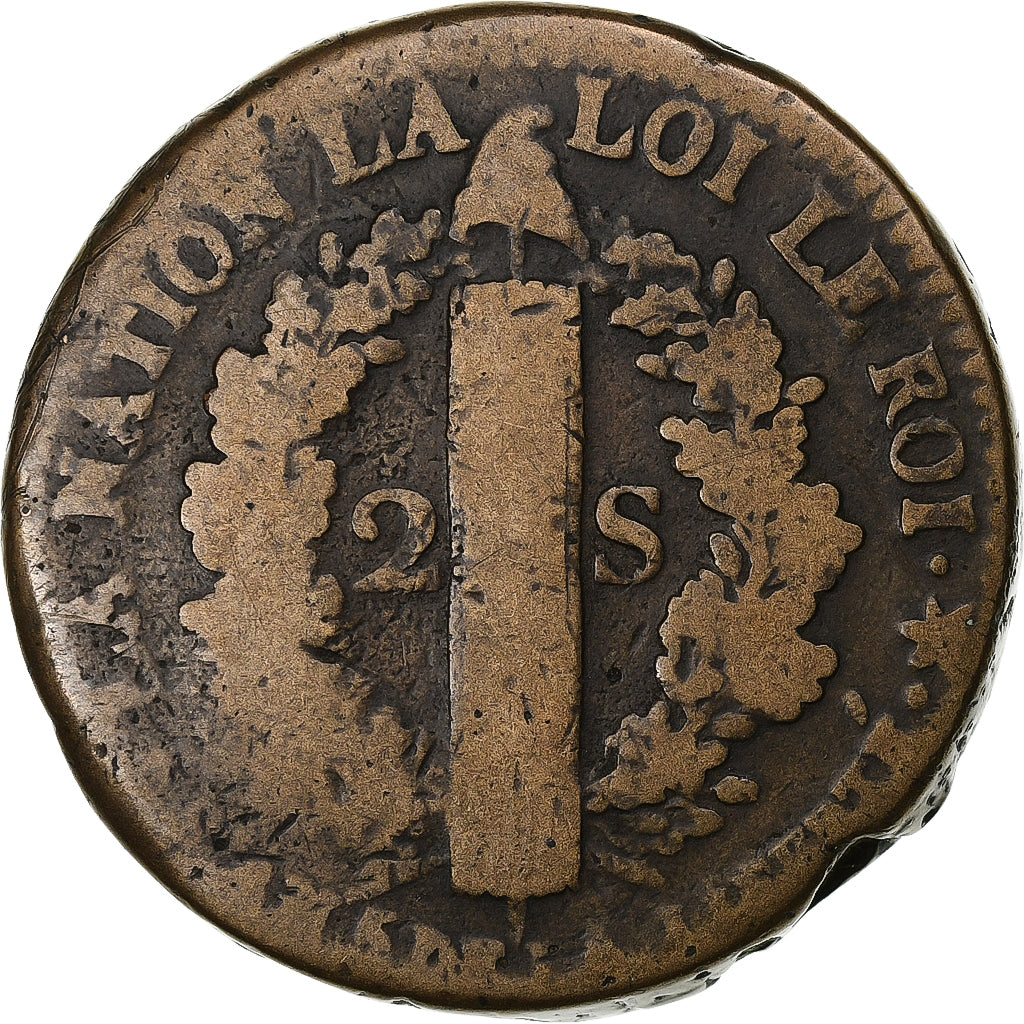 Frankreich, Louis XVI, 2 sols Français, 1793 / AN 5, Strasbourg, Métal de