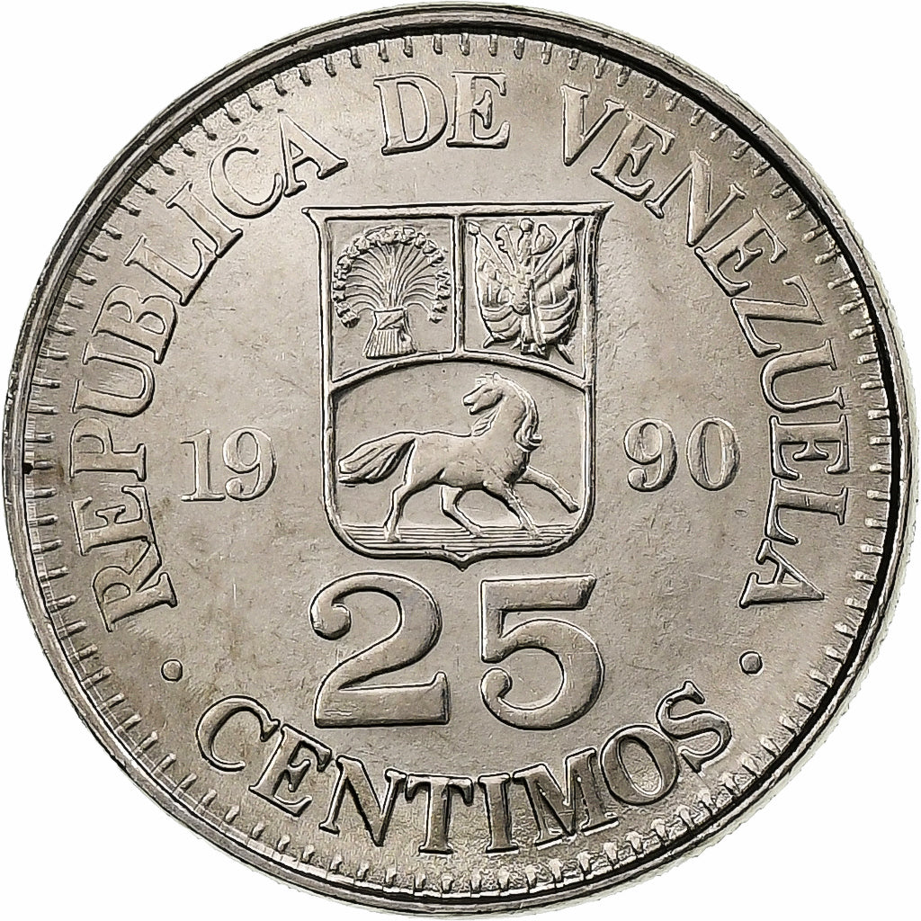 Venezuela, 25 Centimos, 1990, Nickel Clad Steel, SPL