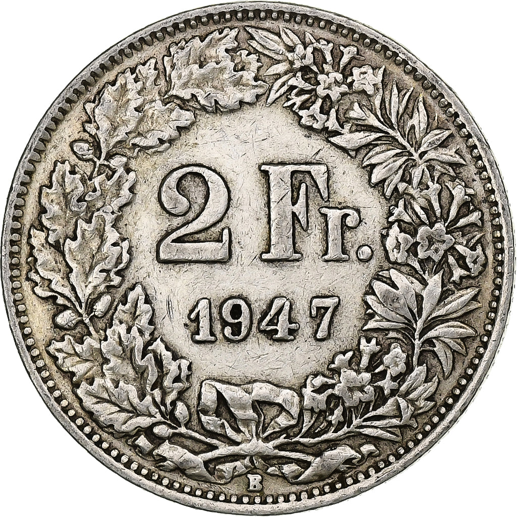 Switzerland, 2 Francs, Helvetia, 1947, Bern, Silver, VF(30-35)