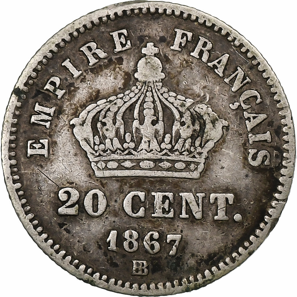 Frankrijk, Napoleon III, 20 Centimes, 1867, Strasbourg, Zilver, FR, Gadoury:309