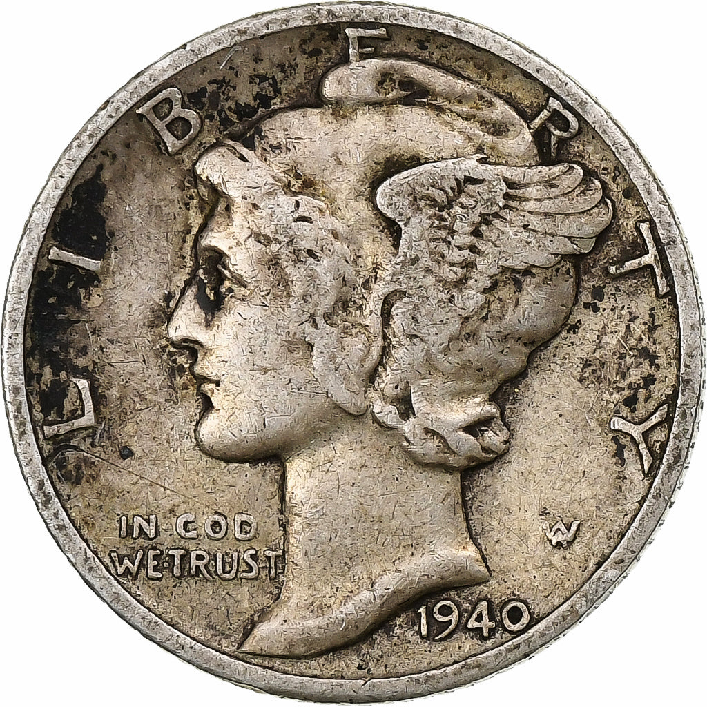United States, Mercury Dime, 1940, Denver, Silver, VF(20-25)
