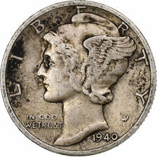 United States, Mercury Dime, 1940, Denver, Silver, VF(20-25)