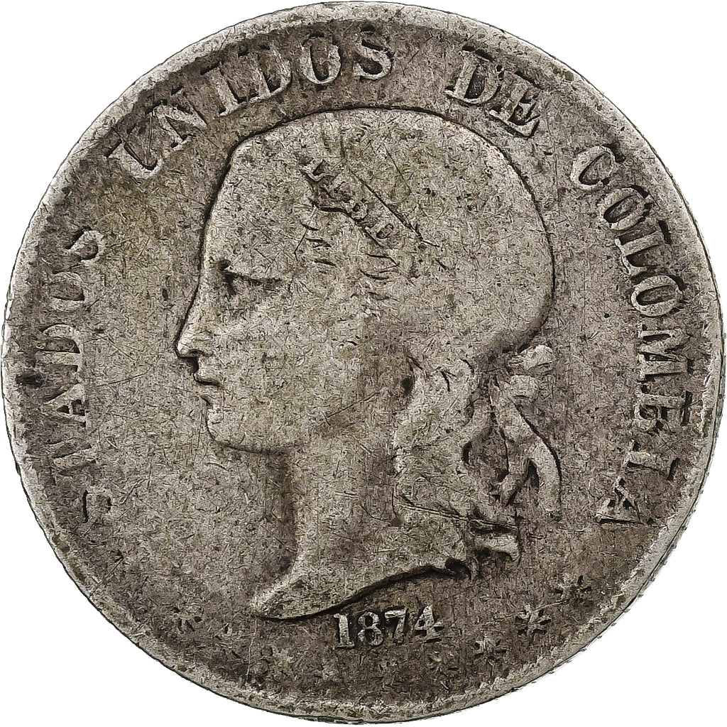 Colombia, 2 Decimos, 1874, Medellin, Silver, VF(20-25)