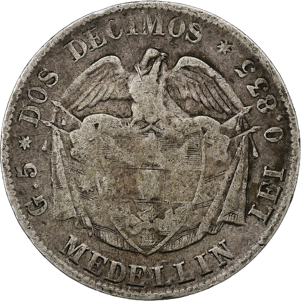 Colombia, 2 Decimos, 1874, Medellin, Silver, VF(20-25)