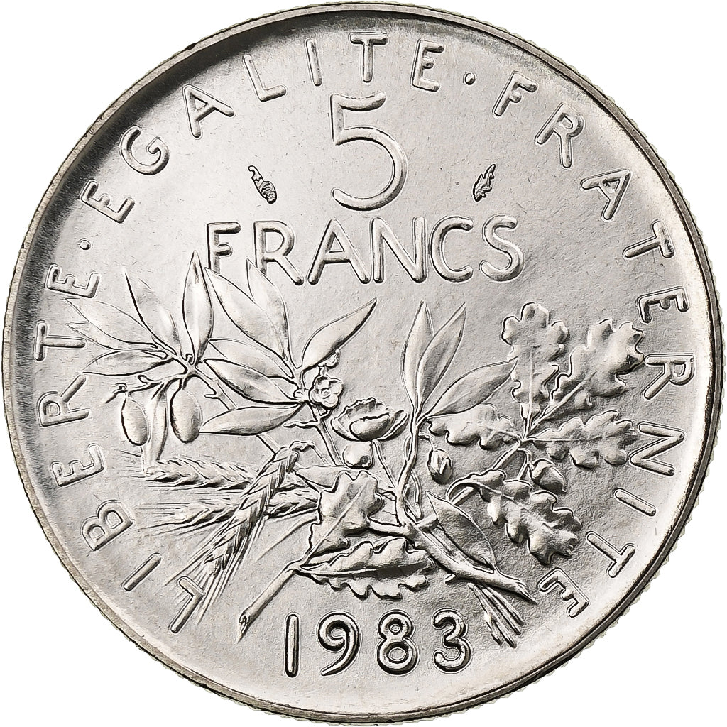 Francja, 5 Francs, Semeuse, 1983, Pessac, Miedzionikiel, MS(63), Gadoury:771