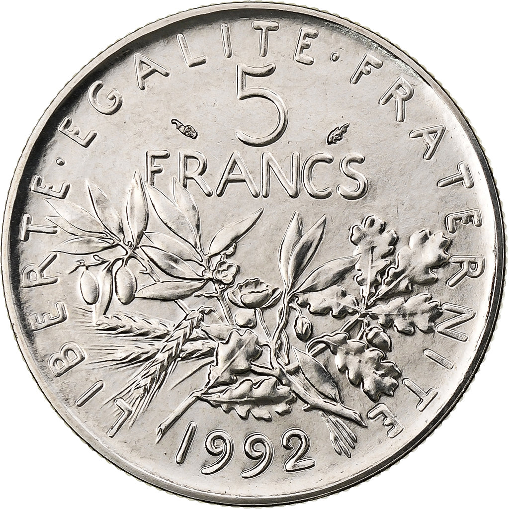 France, 5 Francs, Semeuse, 1992, Pessac, Copper-nickel, MS(63), Gadoury:771