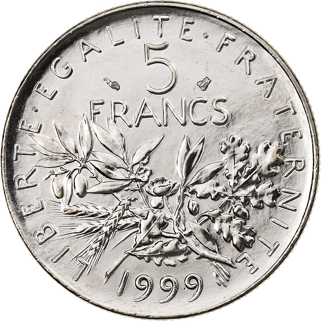 Francja, 5 Francs, Semeuse, 1999, Pessac, Miedzionikiel, MS(63), Gadoury:771